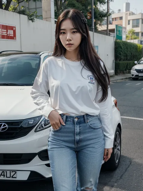 a 23 year old Korean woman with long hair, wearing a white shirt with writing "the queens of bangtan" In his chest, wearing jeans with a Hyundai car in the background behind him