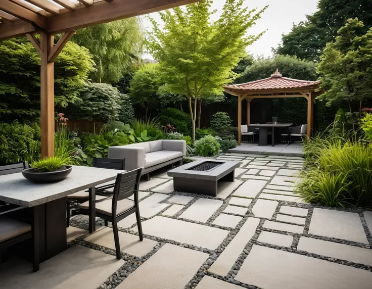 A close-up view of a beautifully designed modern European garden with a touch of Asian influence, focusing on a sleek gazebo with a contemporary roof design. Shot with a high-quality DSLR camera, the smooth stone path leads to a spacious BBQ area equipped ...