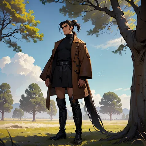 (detailed), (((normal guy))), (arab features), ((brown sheepskin jacket)), ((pelo con rulos negro ponytail hairstyle)), (calm face), ((ponytail hairstyle)), ((tall black boots)), (((whole body))), ((in the middle of a field leaning on a tree), ((male)), (b...