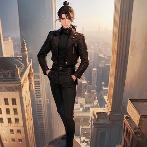 (detailed), (((normal guy))), (arab features), ((brown sheepskin jacket)), ((pelo con rulos negro ponytail hairstyle)), (calm face), ((ponytail hairstyle)), ((tall black boots)), (((whole body))), ((on top of a building)), ((male)),hands in pockets, (black...