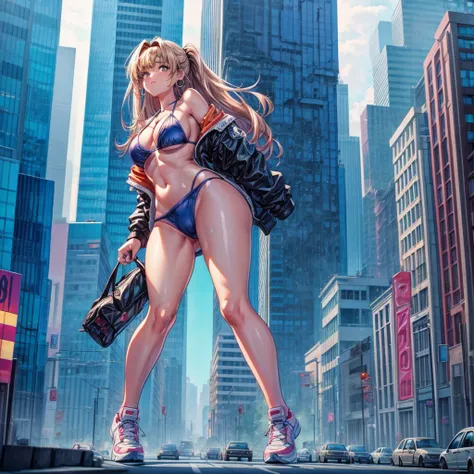 realistic　　90s　giant girl on the road of the big city girl in bikini swimsuit female giant
giant girl
Whole body sneakers　
Destroyed skyscrapers Destroyed cars Crowd Unreal Engine,cleavage ,a drawing of a , earrings, long hair, 1980s (style)
