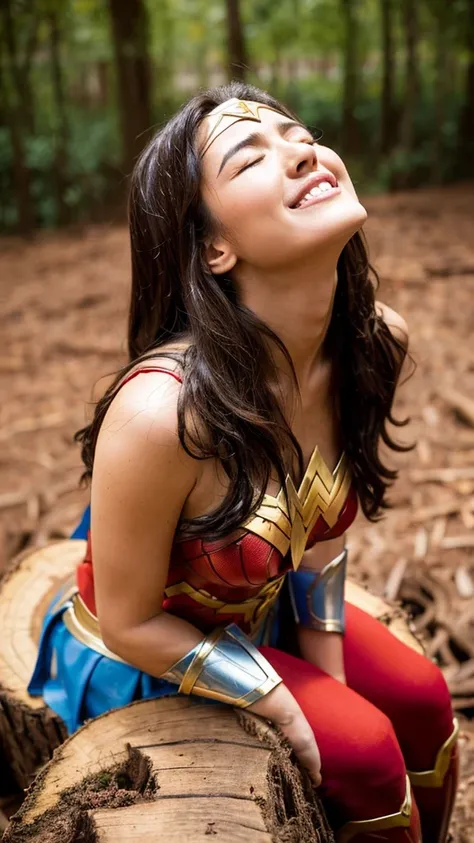 wonder woman, holding back the pleasure, she sat on a tree stump, in the mud, her eyes closed, her face looking up in pleasure,