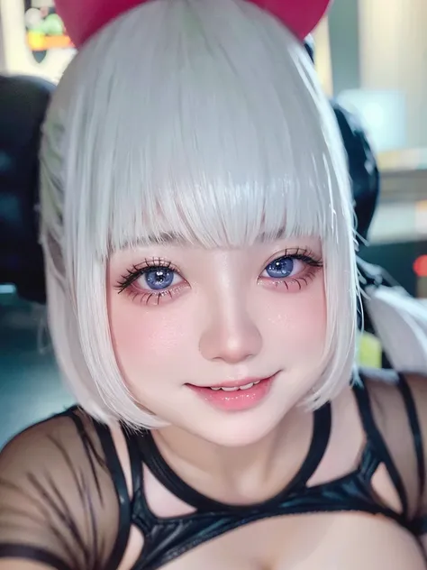 A young, chubby girl with droopy eyes and a heavy make-up is looking at the camera with a childlike smile.。Sweat。Dynamic Lighting,Highest quality,8K,masterpiece,Ultra-high resolution,Photorealistic,Ultra-Realistic Capture,Beautiful and detailed eyes。Born i...