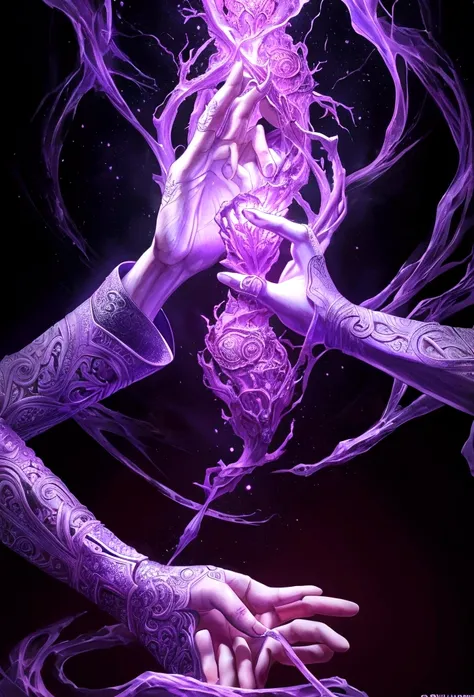 Draw a mans hand where purple energy gathers like fantasy magic