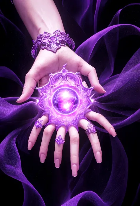 Draw a mans hand where purple energy gathers like fantasy magic