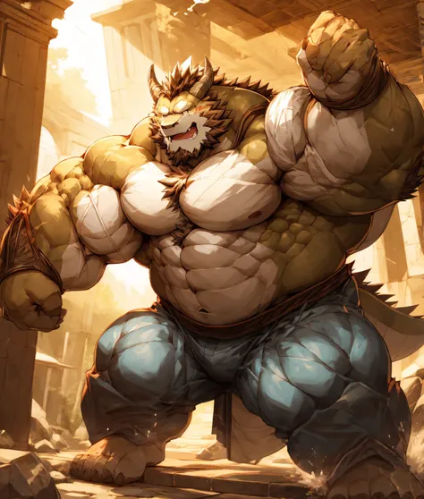 

A white dragon orc，Strong build，Muscular，Like a born strong man。His skin looks healthy and fair.，Muscle and fat intertwined，Create unique skin texture，Complete and powerful。

His arms are as strong as iron pillars，chiseled muscles，Seems to contain infini...