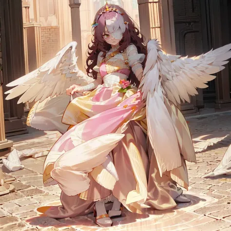 ((1Girl)) ((Princess)) ((Bandages)) ((Eye patch))((Angel wings))

Long curly brunette hair, she has pale skin, with green eyes, she wears bandages covering her arms, and legs hiding the self-harm cuts and scars, she enjoys dressing in colorful princess dre...