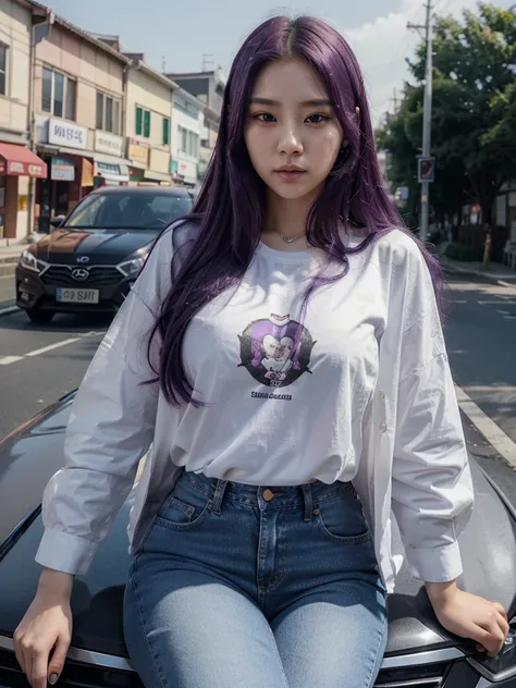 a 23 year old Korean woman with long, purple hair wearing a white shirt with the words "The Queens Of Bangtan" on her chest, wearing jeans 
With a Hyundai car in the background behind him     