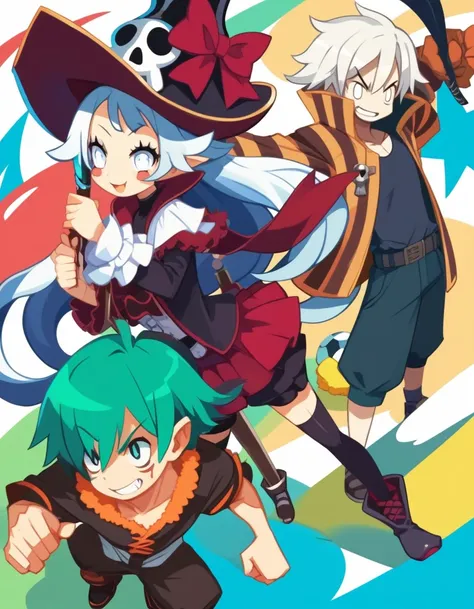 Group photo. (girl dressed in red, shorts and boots, bow and arrow, hood and a mask). (space pirate girl with green hair with black skirt and stockings). (athletic boy with green hair and soccer costume). (demon boy with white hair, white eyes and pirate o...