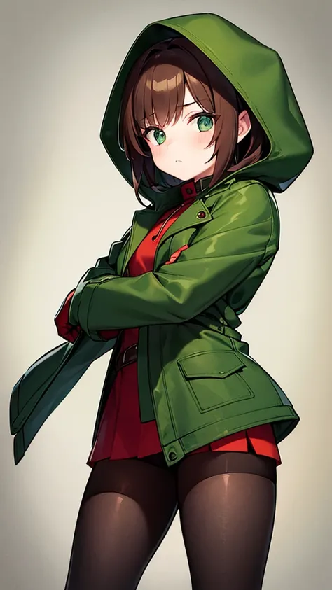 A girl character with brown hair who wears a dark green coat and a white shirt inside,wears red gloves and always wears a hood. It has round marks on both sides of the cheek