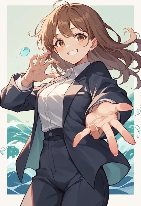 （Cute older sister:1.3）、smile,Spring atmosphere、In a suit、wave hands、noon、Brown Hair