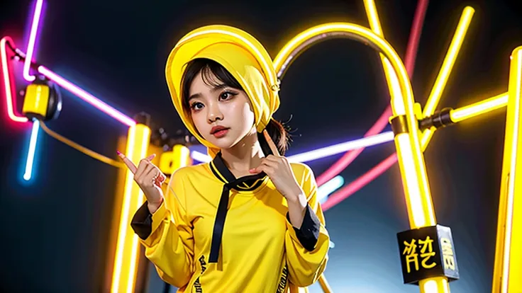 1 wanita, baju sekolah, baju warna kuning, didalam ruangan, cahaya lampu neon, cahaya kuning, tulisan "I love You", kulit sangat putih.