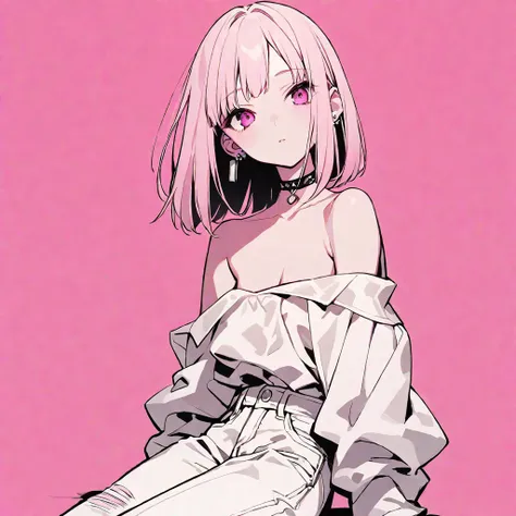 solo, handsome, monotone,
1. Female,
Hime cut,Straight Hair,Bob Hair, 
pink hair, 
Nakano Yotsuba,
pink Eyes,Soft look,beautiful,beautiful,Sexy,Darkness,Lots of silver earrings,choker,
White Off Shoulder,White Distressed jeans,パーカー ,skin,
pink  background,