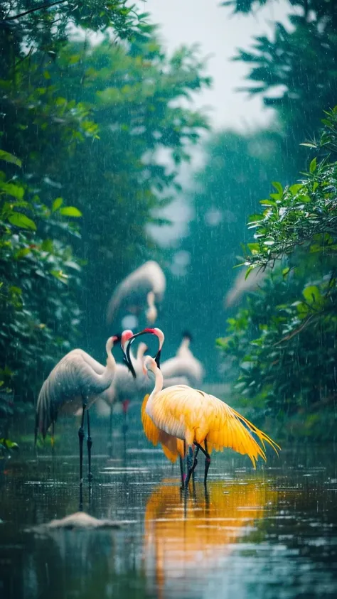 ((crane))、bird、Rainy Sky、1girl,from below