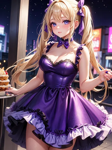 an adult woman, blonde with two pigtails with a purple bow each, purple dress with sparkles and diamonds, short and gala, with an opening in its pirrna, she has blue eyes, is at a late night dinner in a wealthy place