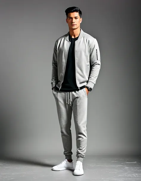 film grain,a man in a gray jacket and grey pants standing,studio background,black straight hair,scoop neckline t-shirt,gray jacket,white sweatpants