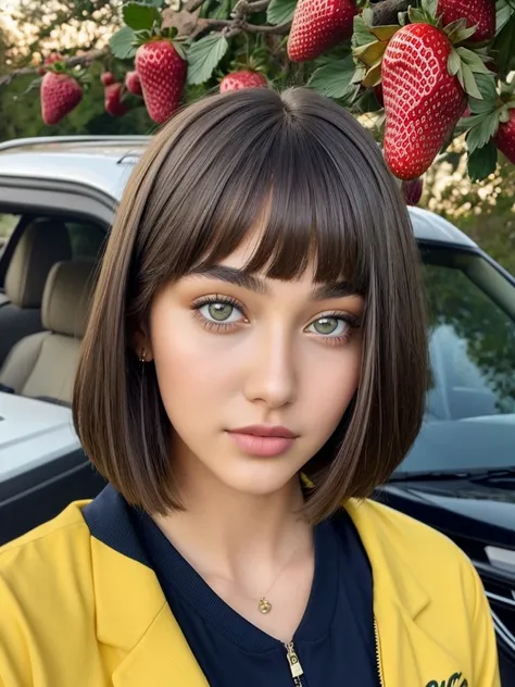 Beautiful 16-year-old girl, named Sofia, beautiful golden eyes, large detailed eyes, MID-HEIGHT bob long haircut, mermeland lips, sexy, detailed face, university jacket, in the background a strawberry, car, parking 