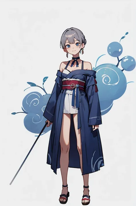 Blue Yukata、Gray Hair、Mischievous face、Choker on neck、Big earrings、Arms crossed、Only the mouth is smiling、Straw sandals、Choker on right leg、Shoulders are out(whole body、Are standing、、White background)