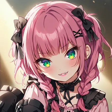 a masterpiece, beautiful eyes, a beautiful face, beautiful depiction, details, ultra detailed, 8K,kawaii, mesugaki, fangs, 
light atmosphere, (Cute a girl:1.5), (a girl with closs hair pin,
pink shirt,cosplay, jirai kei, bangs, black skirt, black bow, look...