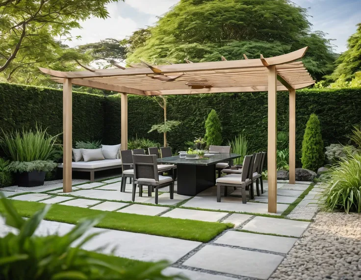 A close-up view of a beautifully designed modern European garden with a touch of Asian influence, focusing on a sleek gazebo with a contemporary roof design. Shot with a high-quality DSLR camera, the smooth stone pathway winds through lush green lawns, lea...