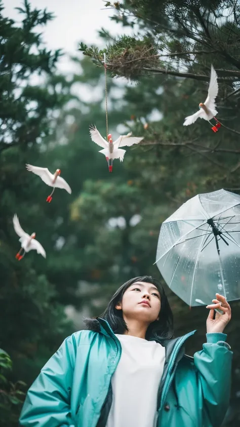 ((crane))、bird、Rainy Sky、1girl,from below