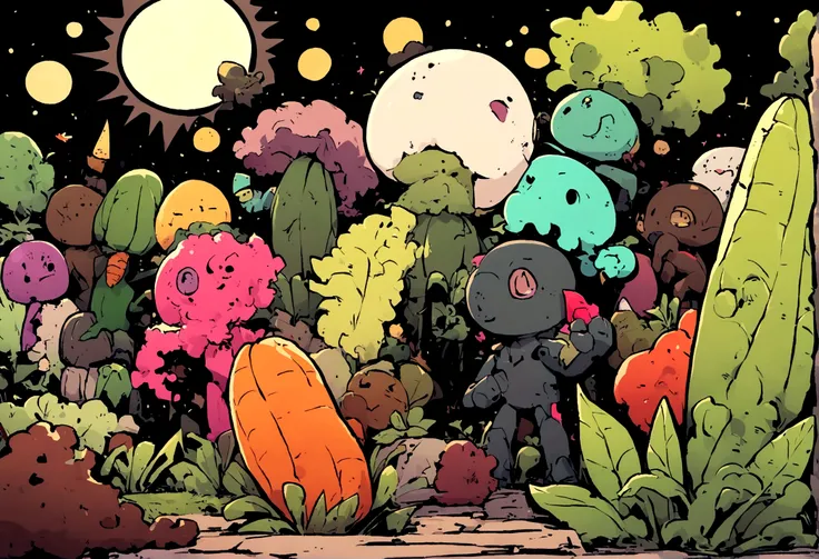 Cartoonish, (Humanoid vegetables) emerge from the garden to do battle with (shambling, half rotten human zombies), moonlit backyard
