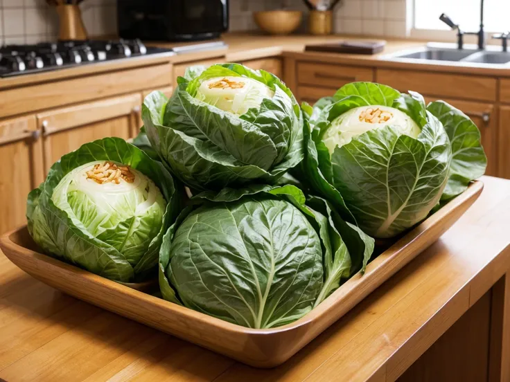 There are so many Korean Kimchi cabbages piled up. The background is the kitchen, but it is blurred because it is blurred.