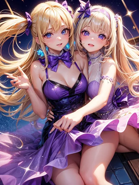 an adult woman, blonde with two pigtails with a purple bow each, purple dress with sparkles and diamonds, short and gala, with an opening in its pirrna, she has blue eyes, is at a late night dinner in a wealthy place