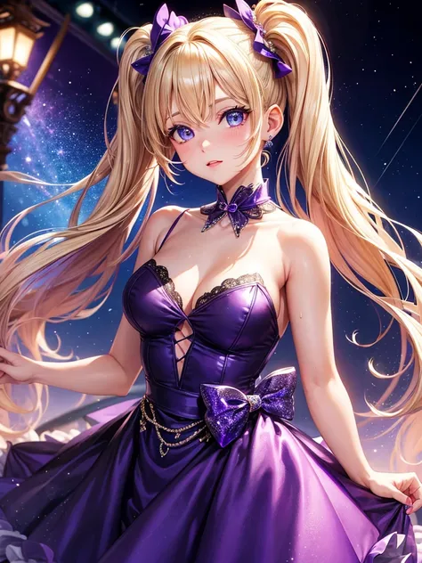 an adult woman, blonde with two pigtails with a purple bow each, purple dress with sparkles and diamonds, short and gala, with an opening in its pirrna, she has blue eyes, is at a late night dinner in a wealthy place