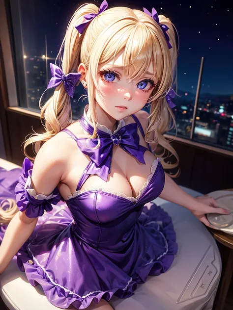 an adult woman, blonde with two pigtails with a purple bow each, purple dress with sparkles and diamonds, short and gala, with an opening in its pirrna, she has blue eyes, is at a late night dinner in a wealthy place