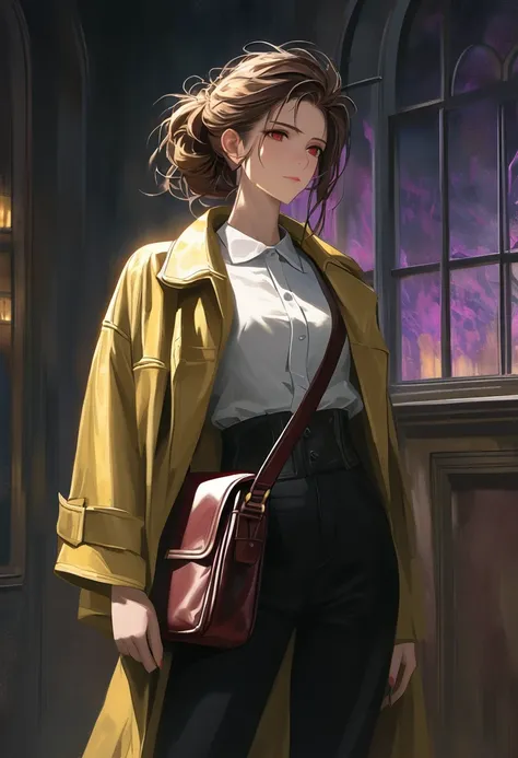 ((adult)), (woman), ((tall)), masterpiece, best quality, dark aura, brown hair, ((updo hair)), (messy hair) , ringed dark red eyes, plain white shirt, Yellow coat, black pants, carrying a big waist leather bag, (faint smile), realistic anime style, (oil pa...