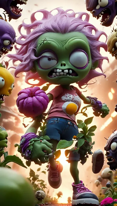 ((1girl, Plants vs Zombies:1.5)), photorealistic, 8k, high quality, digital art, fantasy, vibrant colors, lush garden, intricate details, dynamic composition, cinematic lighting, epic scale, advanced 3D rendering, volumetric fog, effects of particles, magi...