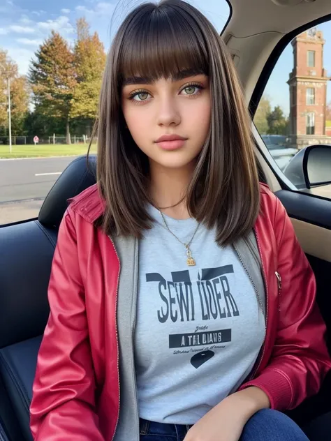 Beautiful 16-year-old girl, named Sofia, beautiful golden eyes, large detailed eyes, MID-HEIGHT bob long haircut, mermeland lips, sexy, detailed face, university jacket, in the background a strawberry, car, parking 