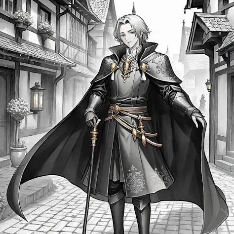 a noble earl，gorgeous clothes，cane，medieval european fantasy style，line drawing style。black and white、yellowish、dark red main co...