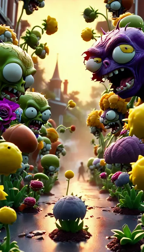 ((plants vs zombies:1.5)), photorealistic, 8k, high quality, digital art, fantasy, vibrant colors, lush garden, intricate detail...