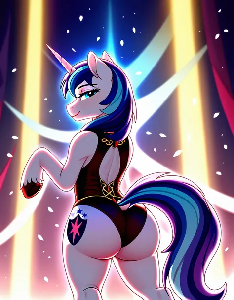 (((my little pony))), solo, ((seductive costume)), beautiful pony body, ((seductive perky big butt)), behind view, (((shining armor))), ((4 legs)), radiant lighting, vibrant colors, whimsical atmosphere, 8K, high resolution, highly detailed, masterpiece, v...