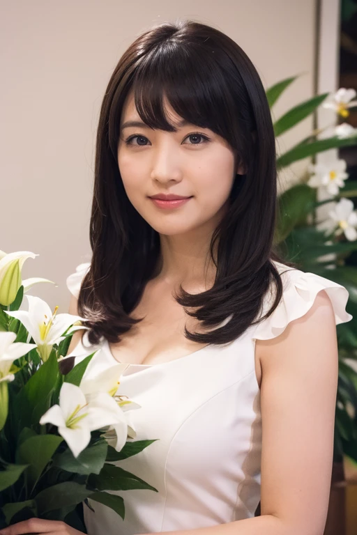 Medium Size Display, Medium Shot, Written boundary depth, bust, Upper Body, Movie angle, masterpiece, Highest quality, Very detailed, CG, 8k wallpaper, Beautiful Face, Delicate eyes, Otome, alone, smile, bangs, skirt, Formal blouse, Bouquet of lilies