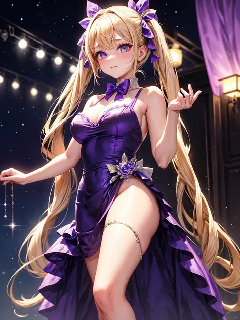 an adult woman, blonde with two pigtails with a purple bow each, purple dress with sparkles and diamonds, short and gala, with an opening in its pirrna, she has blue eyes, is at a late night dinner in a wealthy place