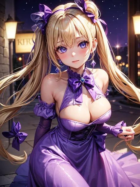 an adult woman, blonde with two pigtails with a purple bow each, purple dress with sparkles and diamonds, short and gala, with an opening in its pirrna, she has blue eyes, is at a late night dinner in a wealthy place