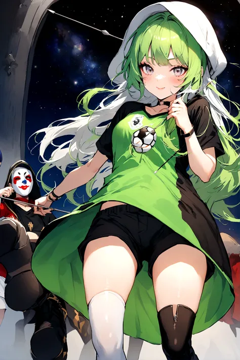 Group photo. (girl dressed in red, shorts and boots, bow and arrow, hood and a mask). (space pirate girl with green hair with black skirt and stockings). (athletic boy with green hair and soccer costume). (demon boy with white hair, white eyes and pirate o...