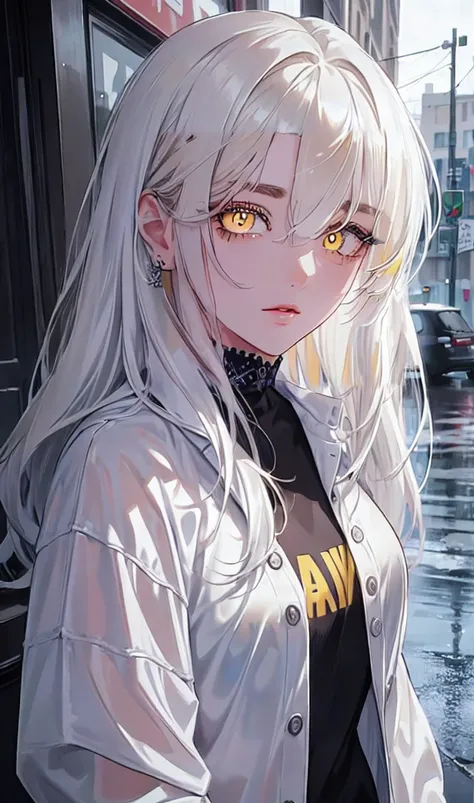 1girl, portrait, solo,lips, female focus, yellow eyes, looking at viewer, white hair, long hair, closed mouth, smile, casual clothes, rainy day, wet clothes, street on the background