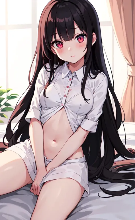 (best quality,high resolution,Beautiful detailed eyes,White lighting:1.2),red eyes, looking at viewer, long hair, black hair, blush, laying on bed,,small shirt,small scurt,exposed stomach, medium breasts