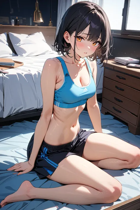 (masterpiece, best quality:1.5), (ultra detailed, high resolution, 8k, beautiful detailed, UHD, best anatomy), black hair, very flat breasts, 1 girl like a man, Sports Bra, Culottes, barefoot, bed room, night