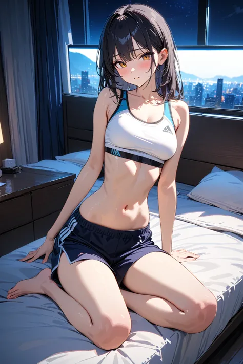 (masterpiece, best quality:1.5), (ultra detailed, high resolution, 8k, beautiful detailed, UHD, best anatomy), black hair, very flat breasts, 1 girl like a man, Sports Bra, Culottes, barefoot, bed room, night