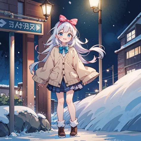 (masterpiece:1.2), best quality, highres, original, (extremely detailed:1.2), ultra-detailed, wallpaper, perfect lighting,(extremely detailed CG:1.2), 8k, anime illustration, 1girl, solo, smiling, (winter outfit:1.2), standing on the street, (knit cardigan...