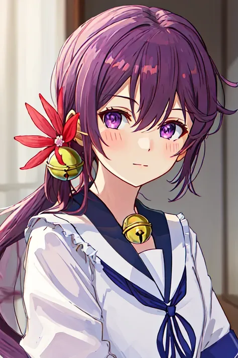 Highest quality, masterpiece, High resolution, alone, {Red too:1.35}, {Akebono_Fleet Collection:1.15}, purple_hair, length_hair, hair_ornament, ~ side_ponytail, purple_eye, flower, hair_flower, hair_Bell, Bell, Jingle_Bell, Seraphim, blush, very_length_hai...