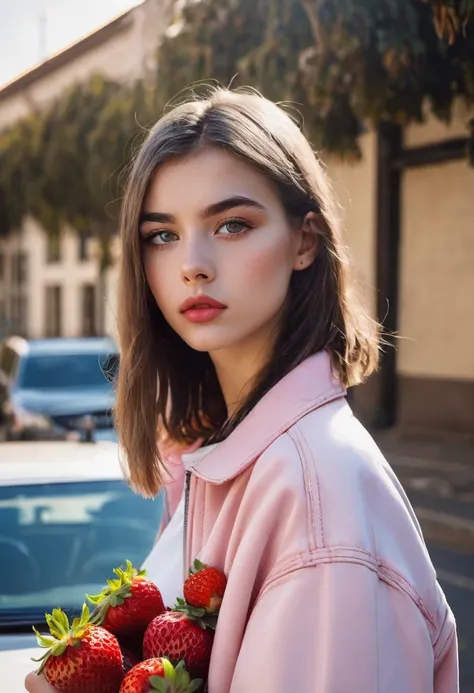 Beautiful 16-year-old girl, named Sofia, beautiful golden eyes, large detailed eyes, MID-HEIGHT bob long haircut, mermeland lips, sexy, detailed face, university jacket, in the background a strawberry, car, parking 