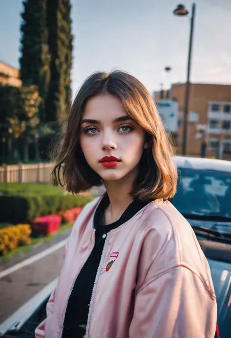 Beautiful 16-year-old girl, named Sofia, beautiful golden eyes, large detailed eyes, MID-HEIGHT bob long haircut, mermeland lips, sexy, detailed face, university jacket, in the background a strawberry, car, parking 