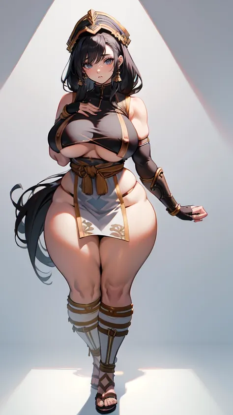 (masterpiece), best quality, female warrior, huge girl, female muscular:1.2, big breast, ((curvy:1.7)), (((blank background))), ((full body)), fingerless gloves, sandals, sleeveless, covered nipples, (underboobs:1.3), parted bangs, straight hair, black hai...