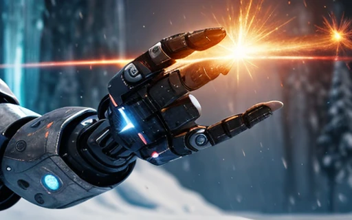 Hand in palm pointing towards the viewer, hand-shot leisure shot, The robot uses laser fire at the viewer, A robot has the palm of its hand showing the viewer, setting frozen planet blizzard